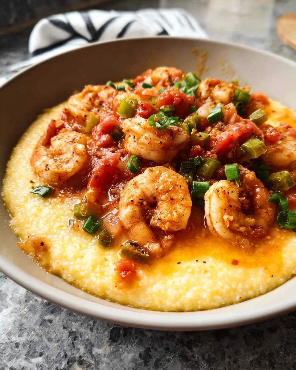 A close-up of shrimp and grits, featuring plump shrimp in a savory sauce served over creamy grits, garnished with green onions.