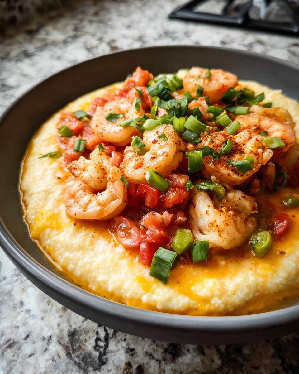 A close-up of shrimp and grits, featuring succulent shrimp in a tomato sauce over creamy grits, garnished with green onions.