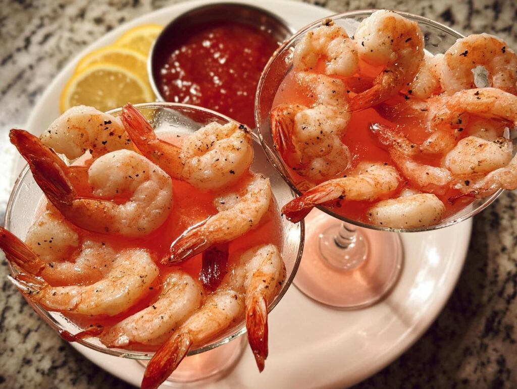 Two martini glasses filled with shrimp cocktail and cocktail sauce, served with lemon slices.