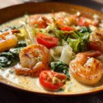 Close-up of a creamy shrimp recipe dish with pan-seared shrimp, cherry tomatoes, and spinach.