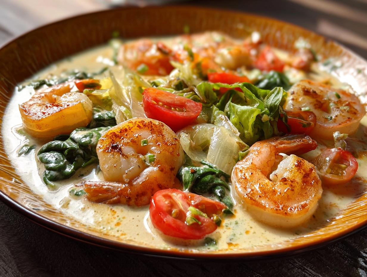 Close-up of a creamy shrimp recipe dish with pan-seared shrimp, cherry tomatoes, and spinach.