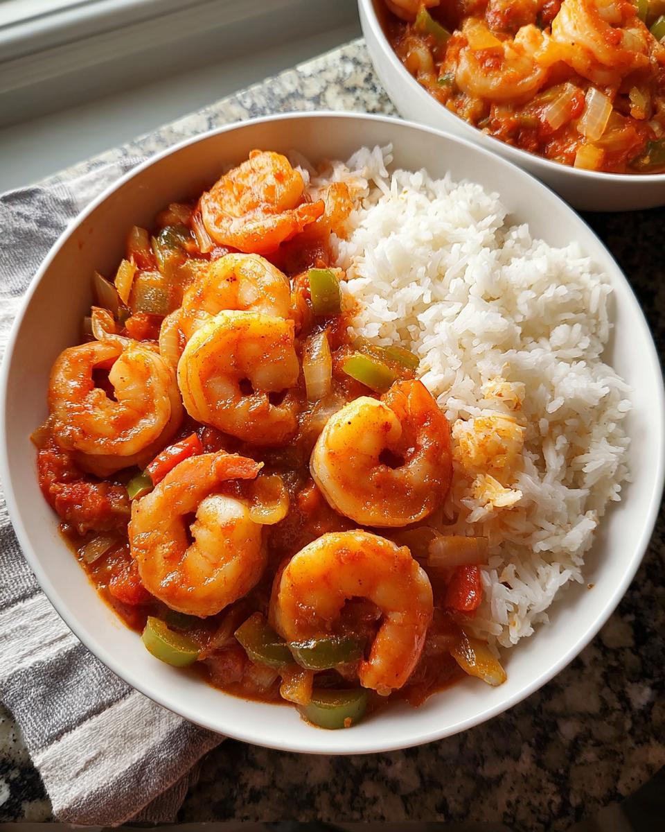 A bowl of shrimp recipe with rice, featuring plump shrimp in a tomato-based sauce with peppers and onions.