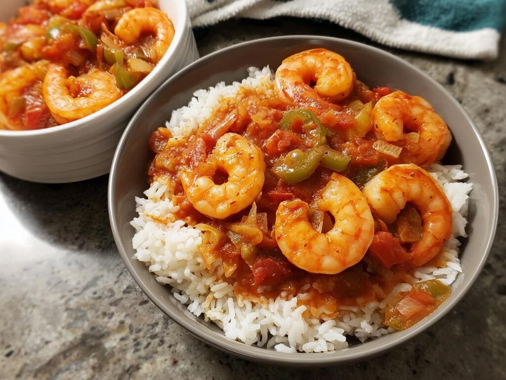 A close-up of a bowl filled with fluffy white rice topped with a rich tomato-based shrimp and vegetable stew. This is one of the best shrimp recipes.