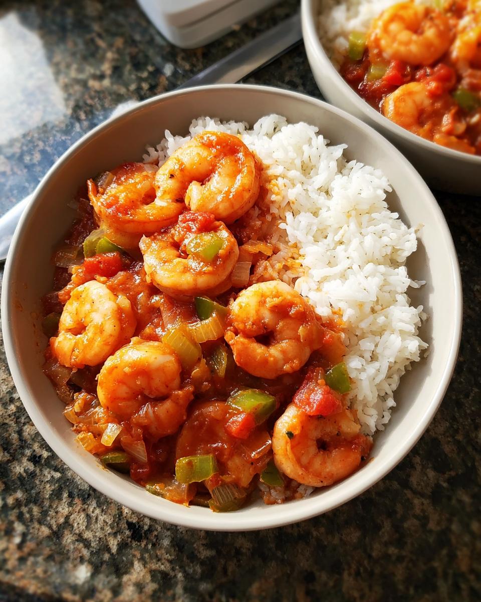 A bowl of white rice topped with a savory shrimp and vegetable mixture, a perfect shrimp recipe.