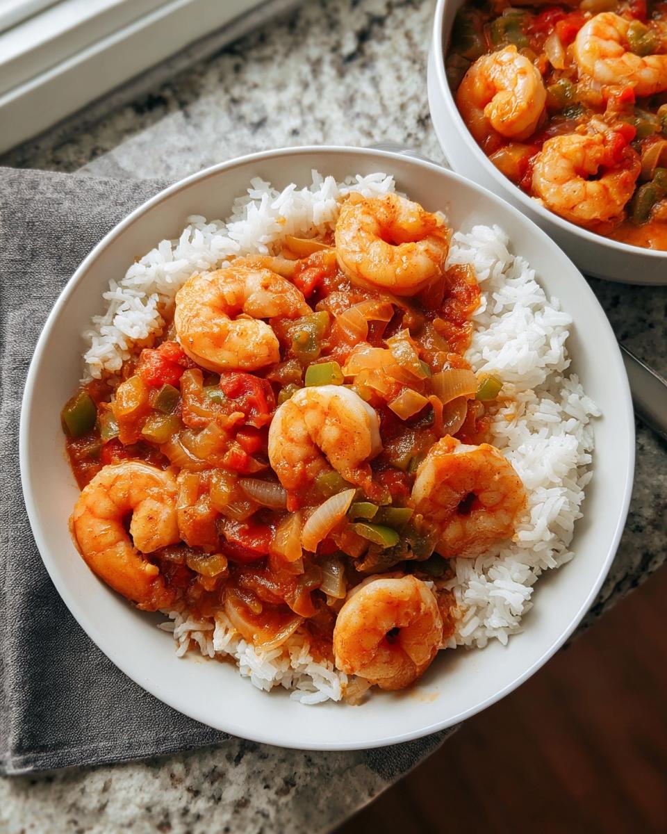 A bowl of white rice topped with a flavorful shrimp and vegetable stew, perfect for shrimp recipes.