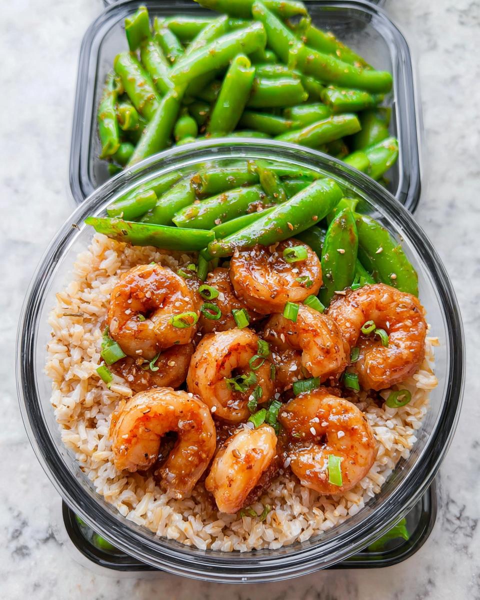 Meal prep containers filled with brown rice, glazed shrimp, and snap peas, perfect for shrimp recipes.