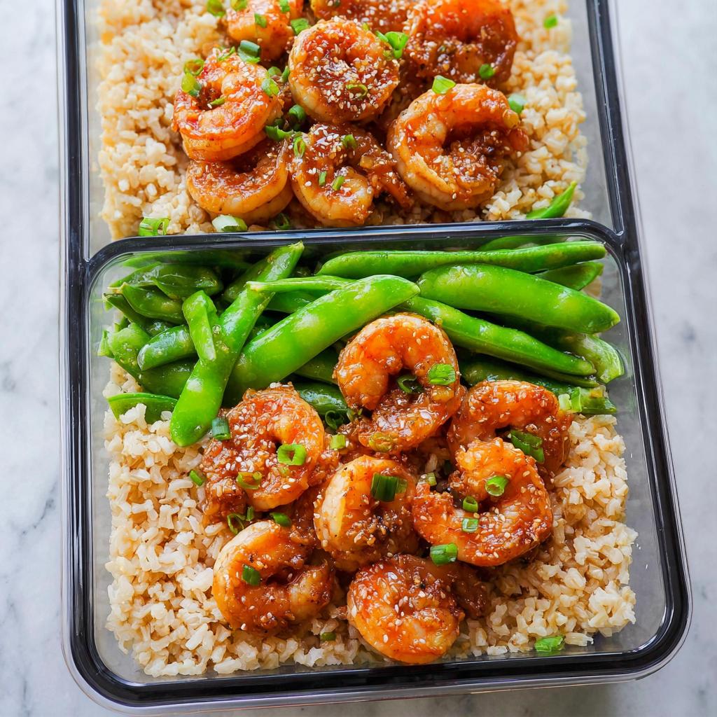 Meal prep containers filled with brown rice, glazed shrimp, and snap peas, perfect for shrimp recipes meal prep.
