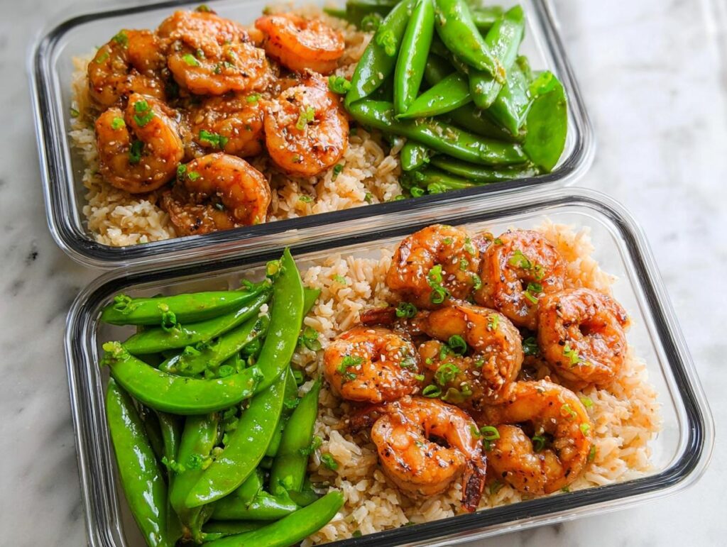 Two meal prep containers filled with brown rice, glazed shrimp, and snow peas, perfect for shrimp recipes meal prep.