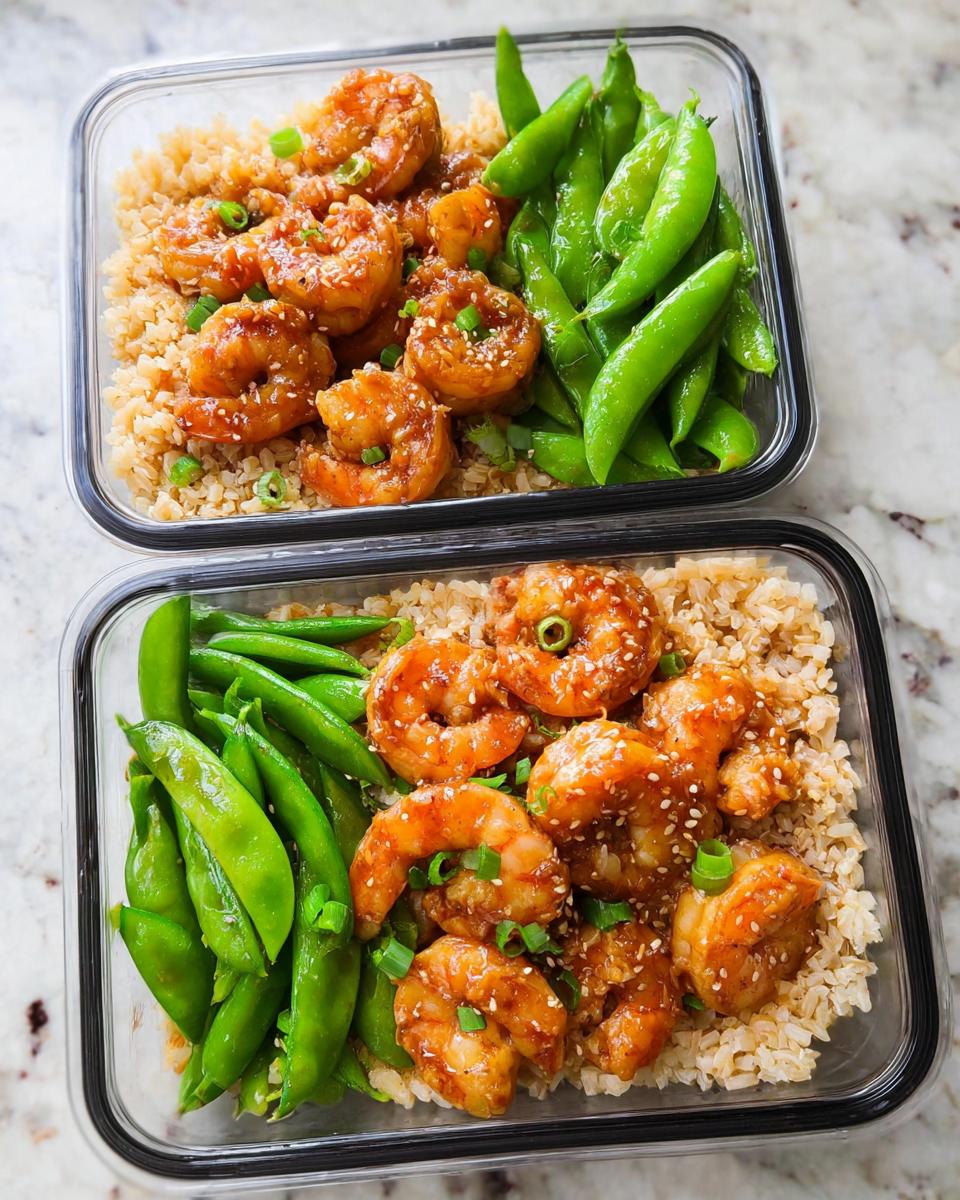 Two meal prep containers filled with brown rice, glazed shrimp, and snow peas, showcasing delicious shrimp recipes for meal prep.