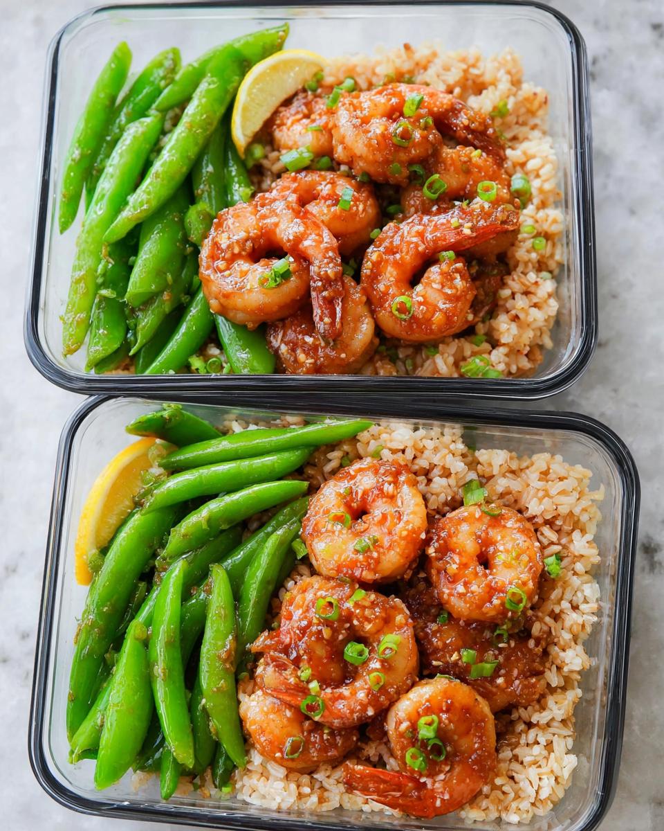 Meal prep containers filled with brown rice, glazed shrimp, and snap peas, perfect for shrimp recipes meal prep.