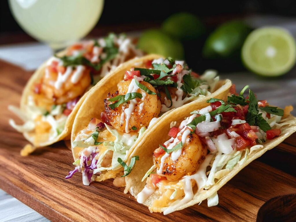 Three delicious shrimp tacos topped with shredded lettuce, pico de gallo, and a creamy sauce, perfect for quick shrimp recipes.