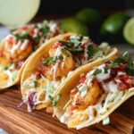 Three delicious shrimp tacos topped with shredded lettuce, pico de gallo, and a creamy sauce, perfect for quick shrimp recipes.