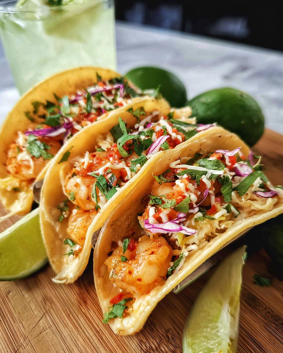 Three delicious shrimp tacos filled with seasoned shrimp, slaw, red cabbage, and cilantro, served with lime wedges.