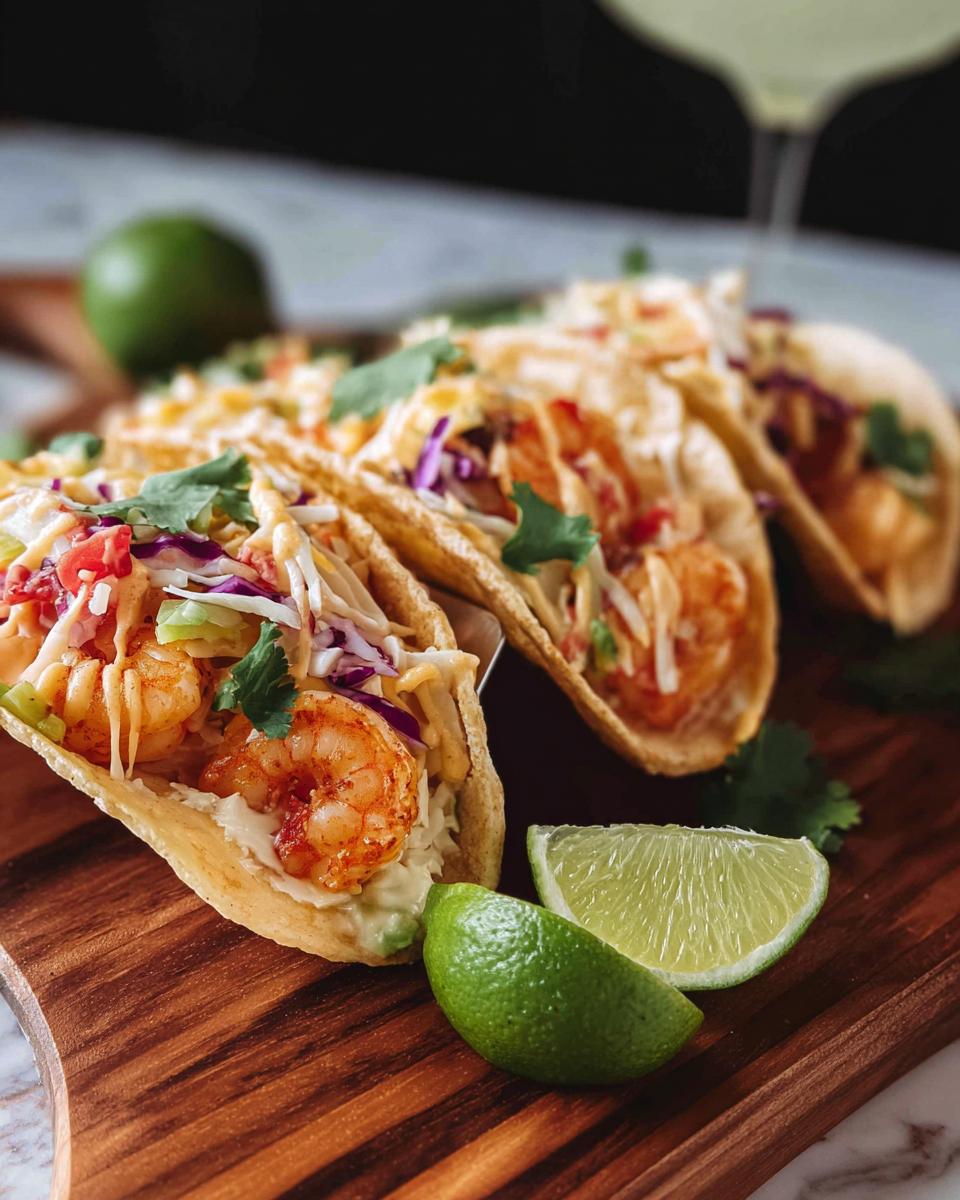 Close-up of three flavorful shrimp tacos on a wooden board, garnished with lime wedges and cilantro.