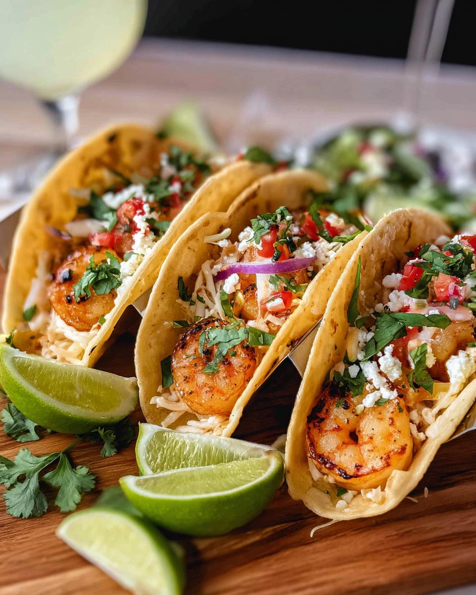Three mouth-watering shrimp tacos filled with seasoned shrimp, slaw, cheese, and pico de gallo, served with lime wedges.
