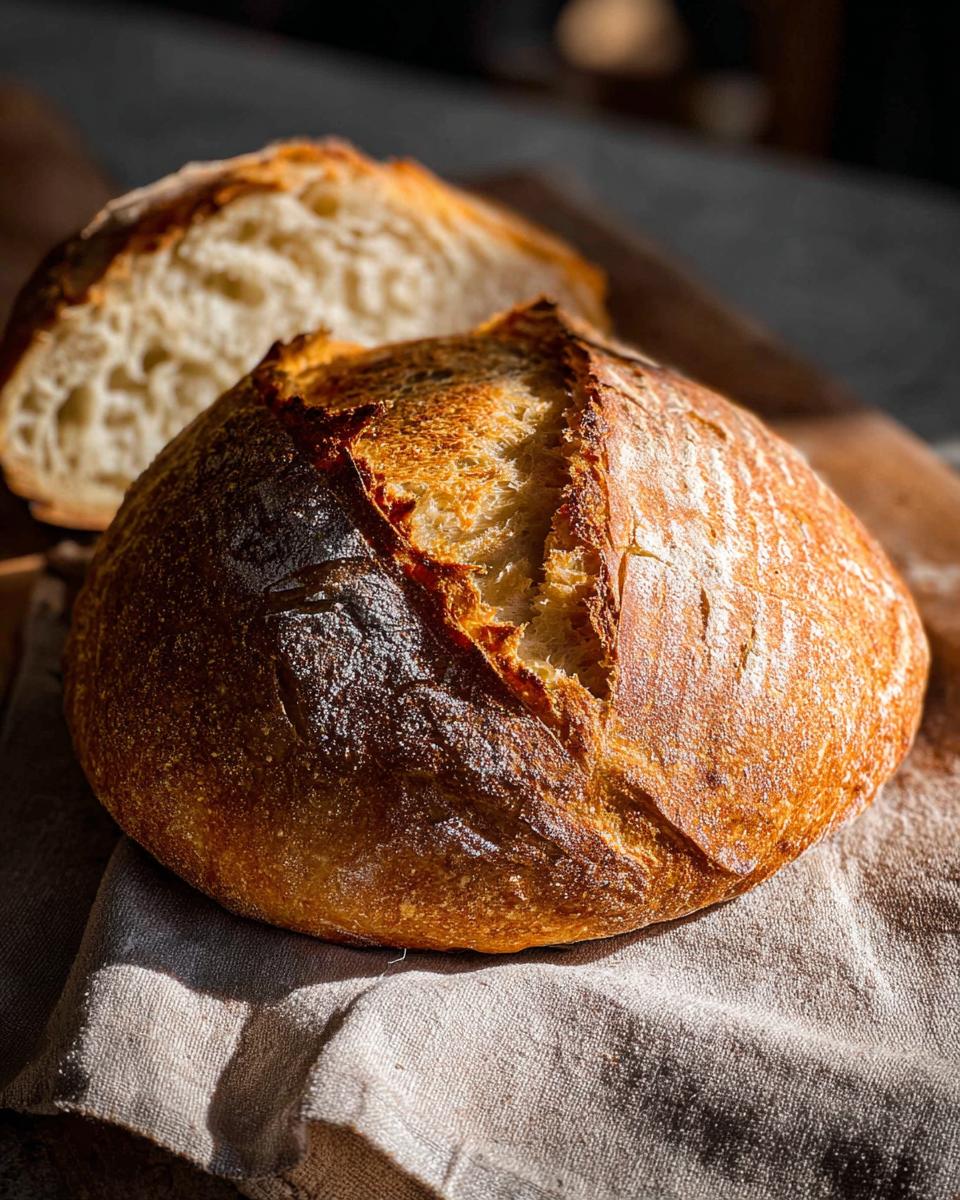 A golden-brown, crusty loaf of sourdough bread, with a slice cut and visible in the background. Part of The Only Healthy Meals Recipes Recipe You’ll Need (2025).