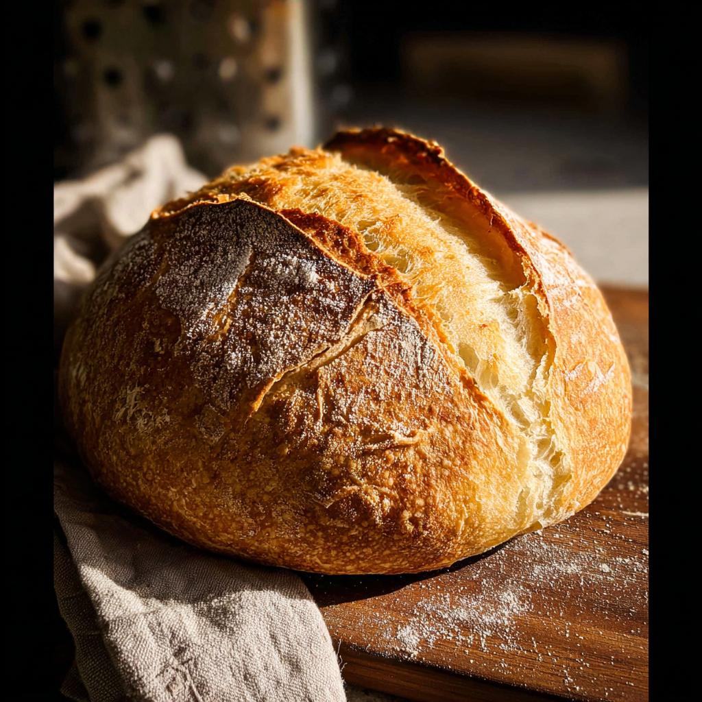 A golden-brown, crusty sourdough bread loaf with a score mark on top, dusted with flour.