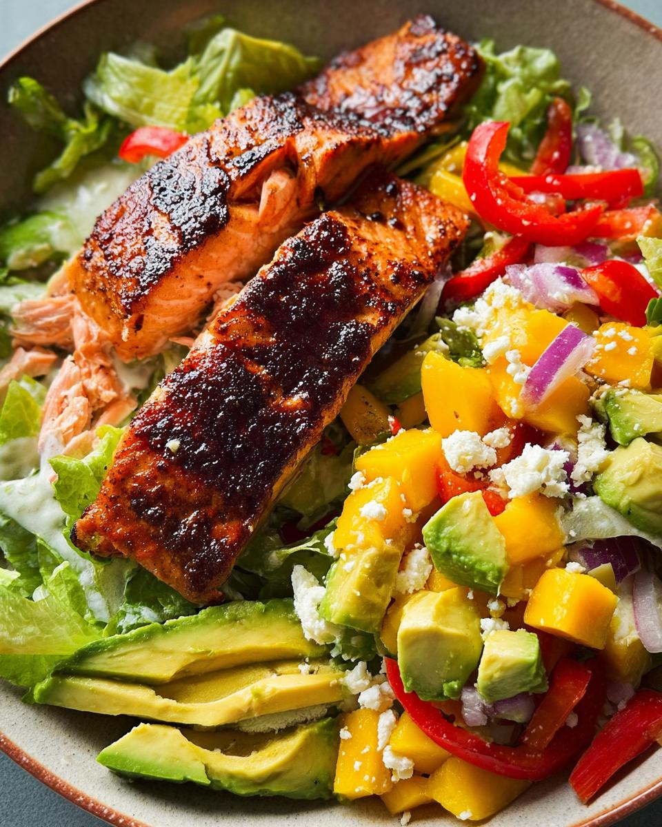 Close-up of a vibrant salad with perfectly cooked salmon fillets, avocado, mango, red bell pepper, and feta cheese.