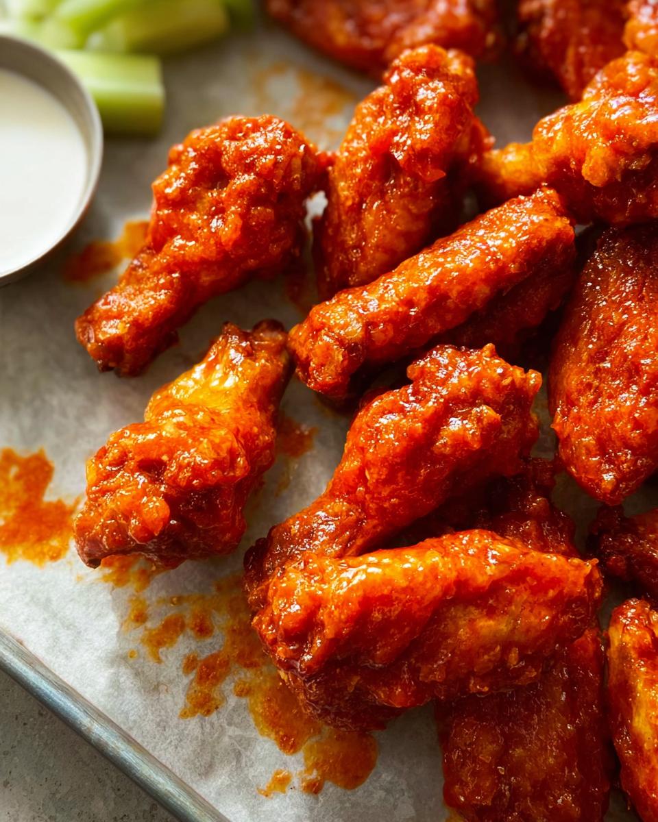 Close-up of a platter of spicy buffalo chicken wings with a side of ranch dip and celery sticks.