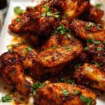 A close-up of a platter of spicy, glazed chicken wings, garnished with fresh parsley.
