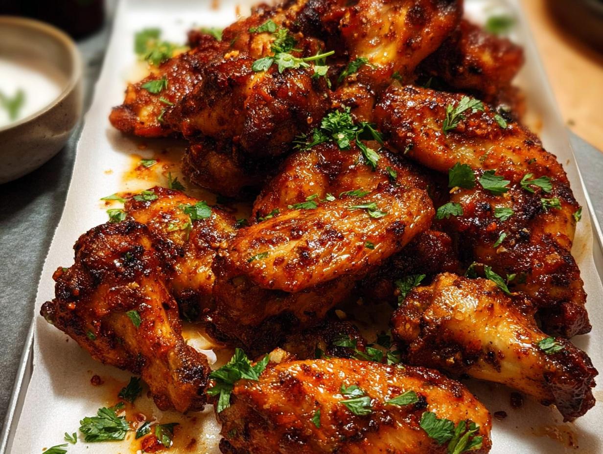 A close-up of a platter of spicy, glazed chicken wings, garnished with fresh parsley.