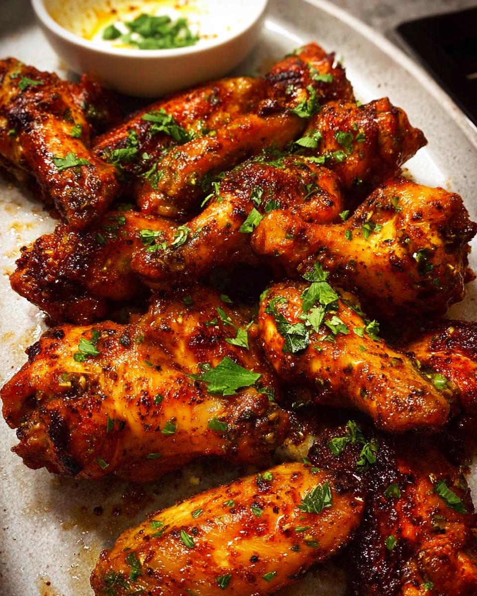 Close-up of a platter of spicy chicken wings recipes, garnished with fresh parsley.