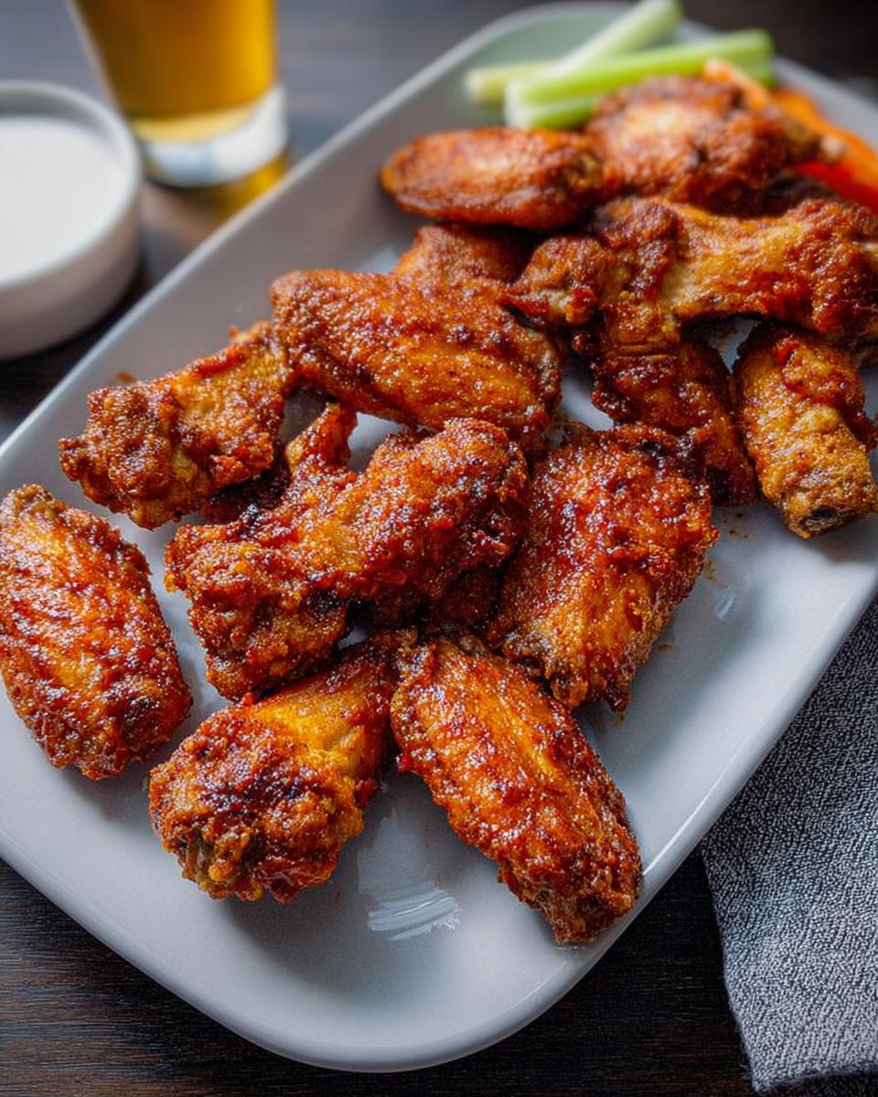 A plate of delicious, crispy chicken wings with a spicy glaze, served with celery sticks and dip.
