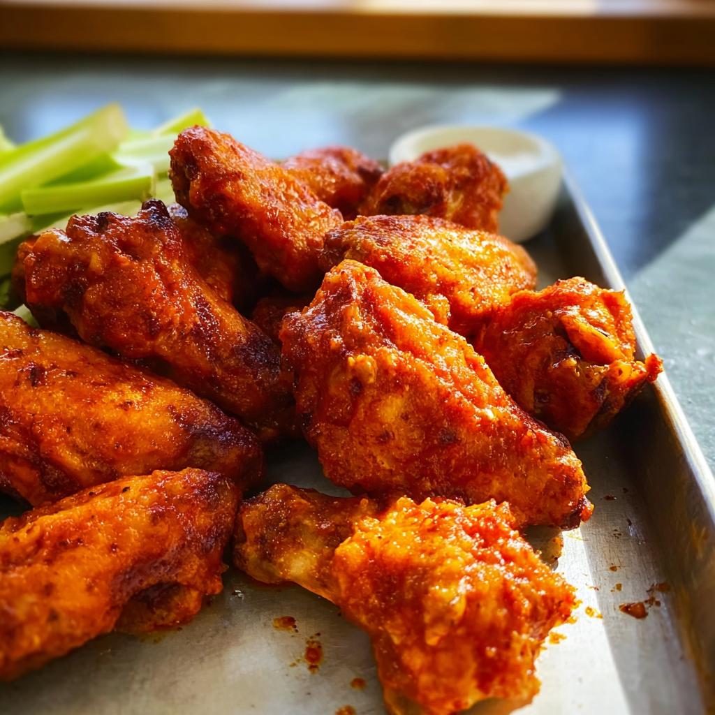 A close-up of a platter of spicy, glazed chicken wings served with celery sticks and a small dish of dipping sauce.