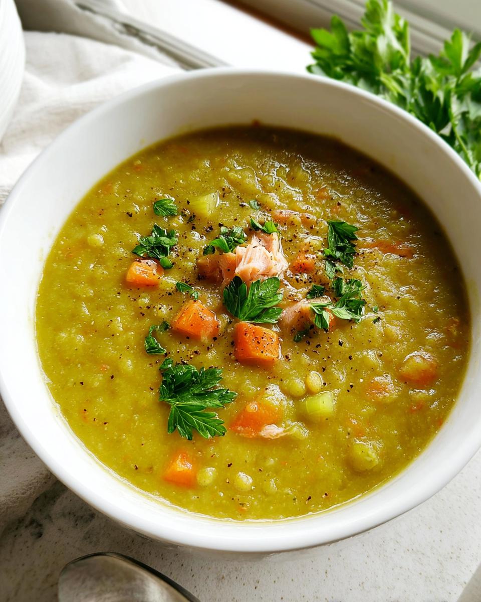 A close-up of a hearty bowl of split pea soup with chunks of carrots, celery, and pieces of ham, garnished with fresh parsley and black pepper.