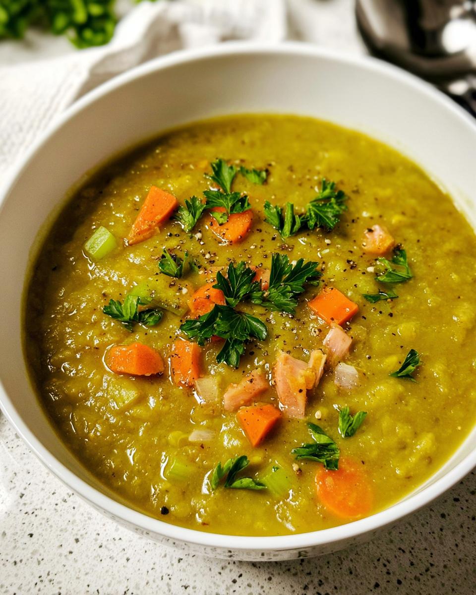 A bowl of hearty split pea soup, garnished with diced carrots, celery, and fresh parsley. Learn how to make soup recipes like a pro.