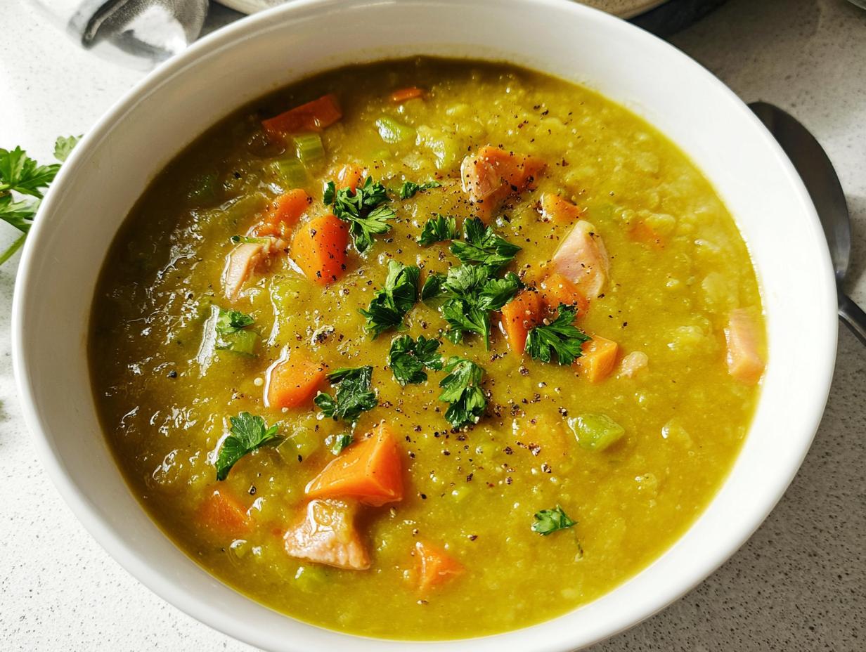 A close-up of a bowl of hearty split pea soup with chunks of ham, carrots, and celery, garnished with fresh parsley.
