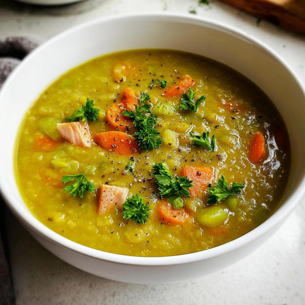 A bowl of delicious split pea soup recipe with chunks of ham, carrots, and celery, garnished with parsley and black pepper.