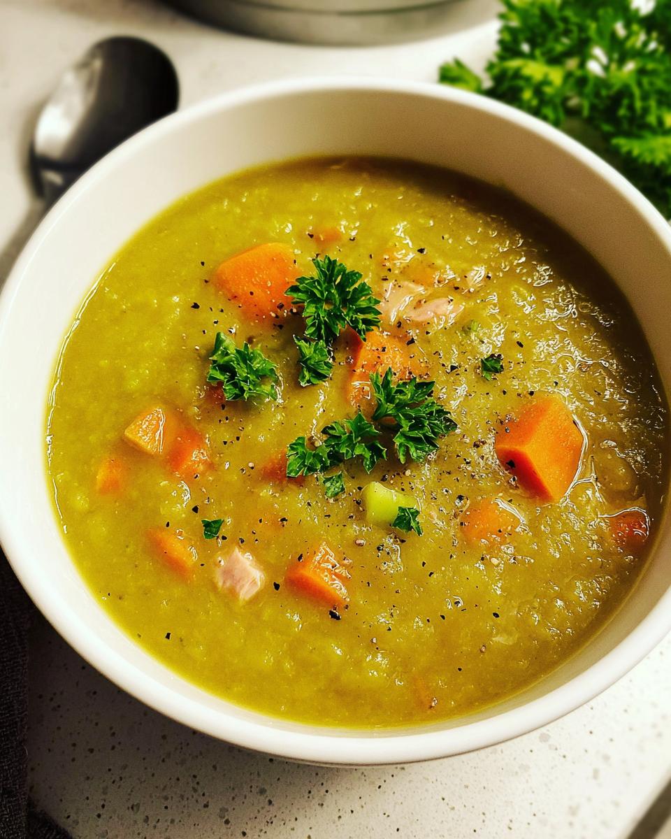 A close-up of a hearty bowl of split pea soup, garnished with fresh parsley, carrots, and ham.