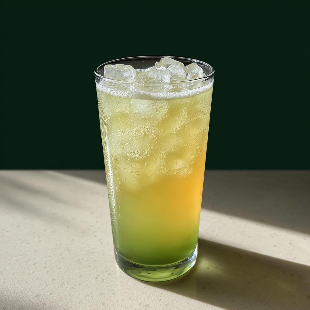 A tall glass filled with a vibrant green and yellow layered Starbucks drink, packed with ice and topped with foam.