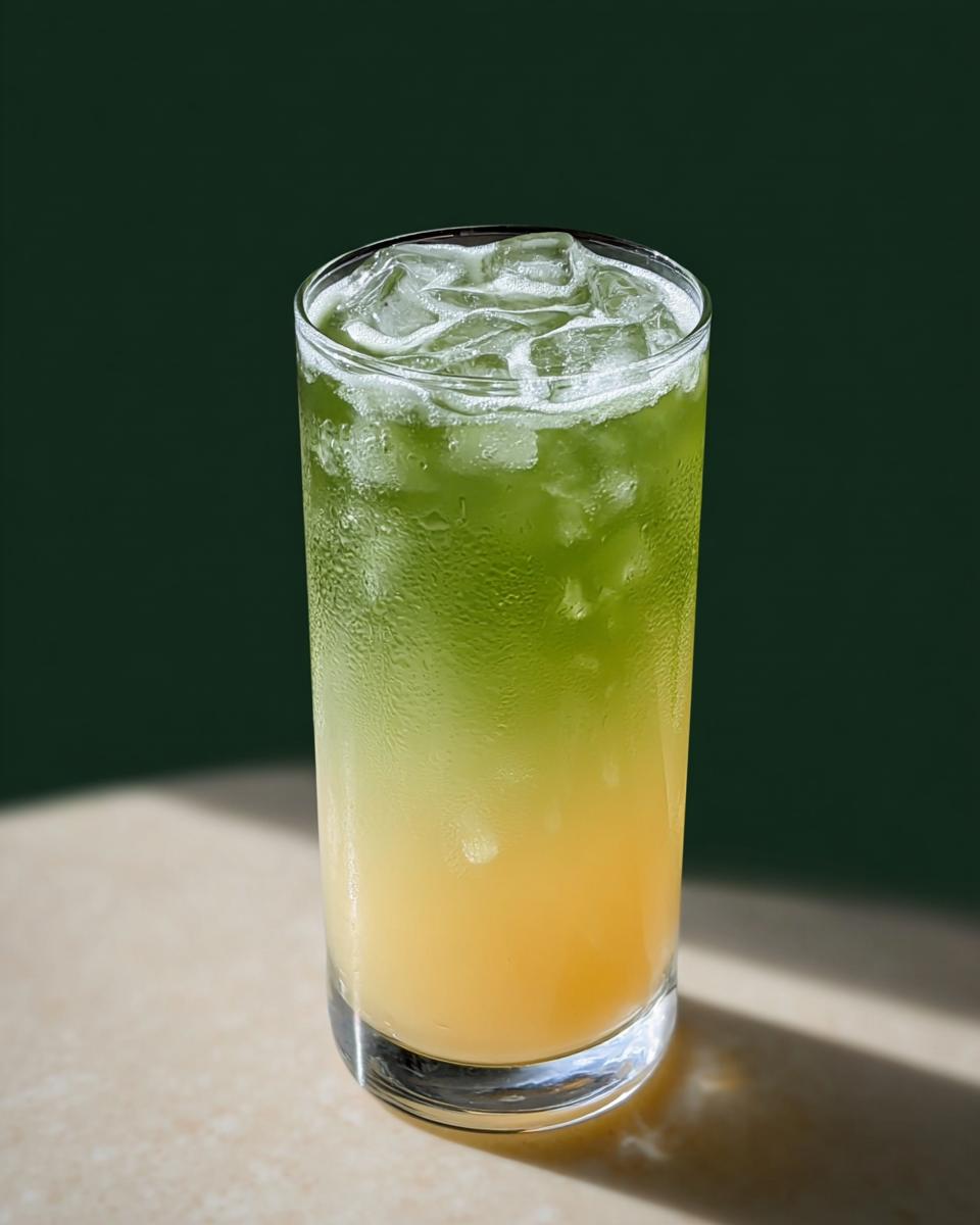 A tall glass filled with ice and a layered green and yellow Starbucks drink.