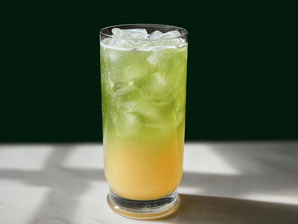 A tall glass filled with ice and a layered green and yellow Starbucks drink, part of 20-Ingredient Starbucks Drinks Recipes (No Fuss).