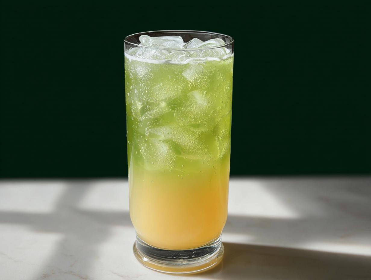 A tall glass filled with ice and a layered green and yellow Starbucks drink, part of 20-Ingredient Starbucks Drinks Recipes (No Fuss).