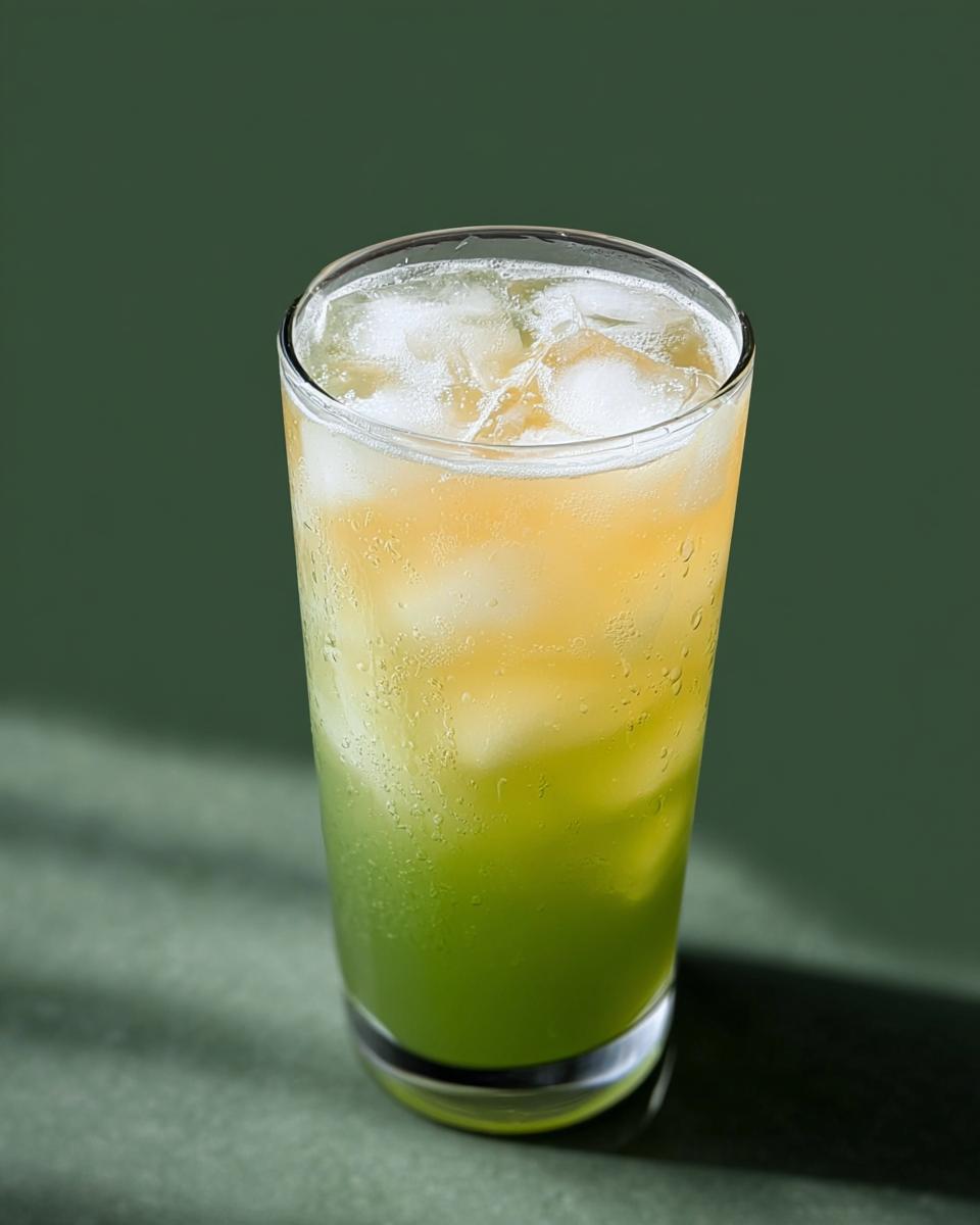 A tall glass filled with a layered green and yellow Starbucks drink over ice, perfect for a refreshing treat.