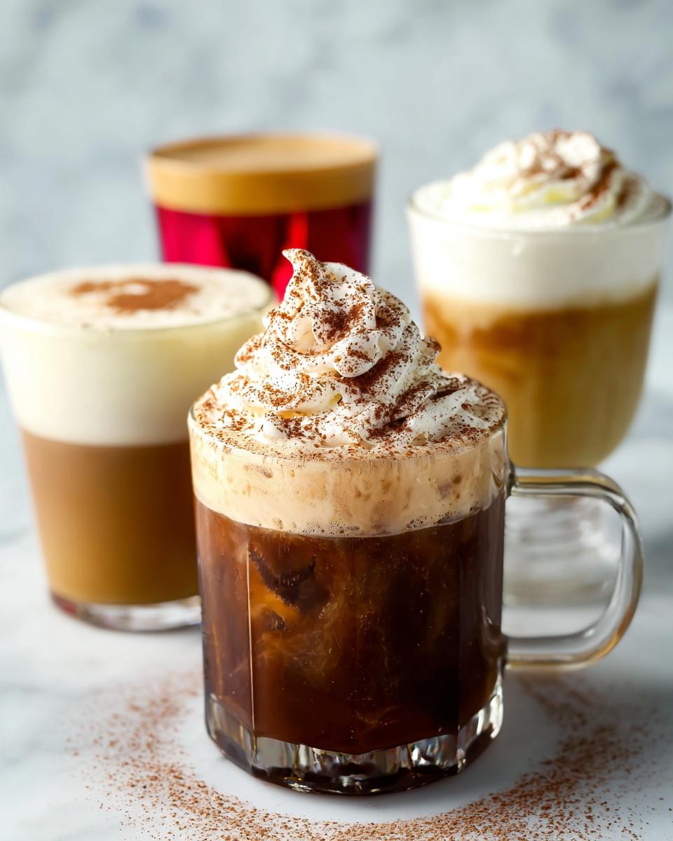 Close-up of a Starbucks iced coffee drink topped with whipped cream and cocoa powder, with other coffee drinks in the background.