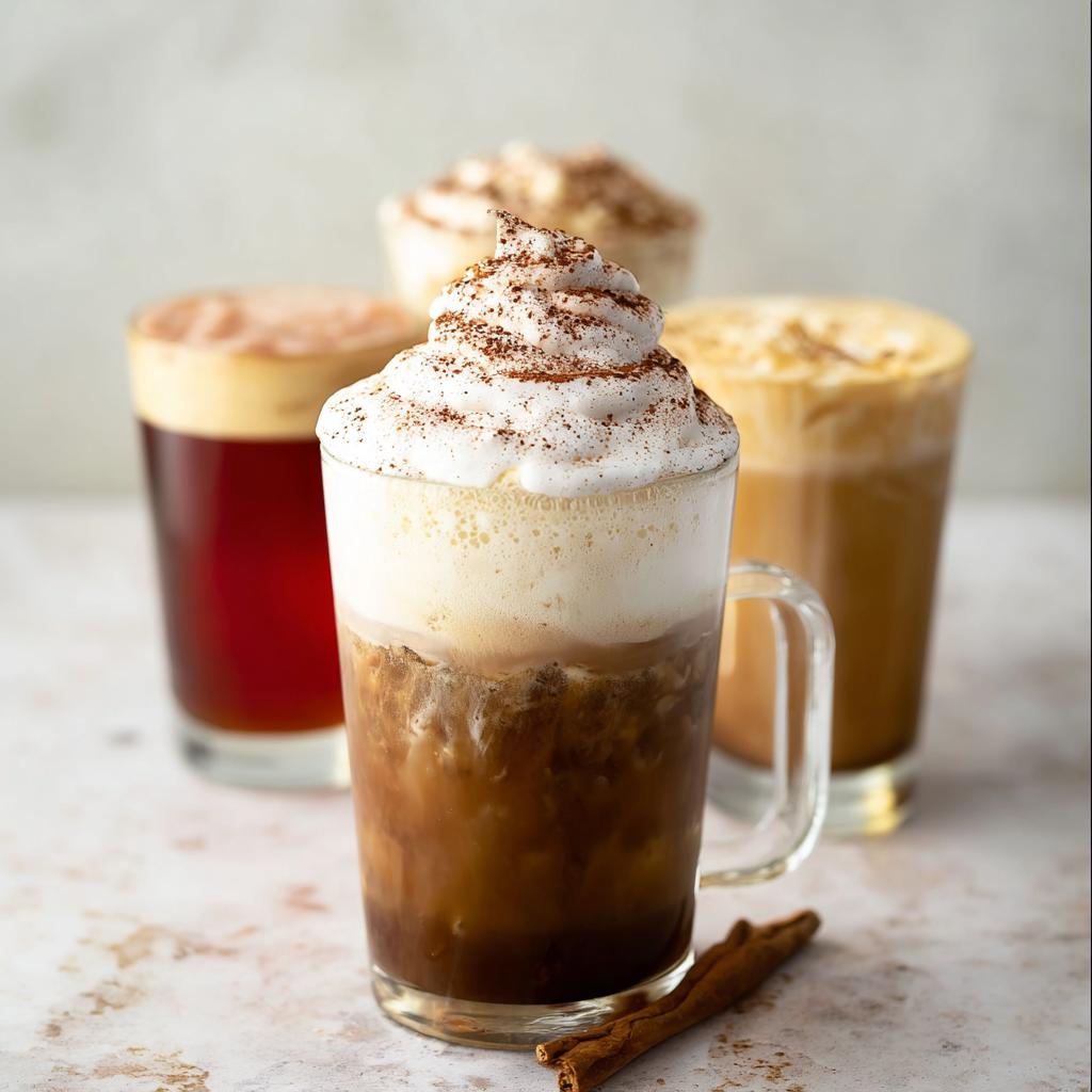 Close-up of an iced coffee drink topped with whipped cream and cinnamon, part of a Starbucks Drinks Recipes collection.