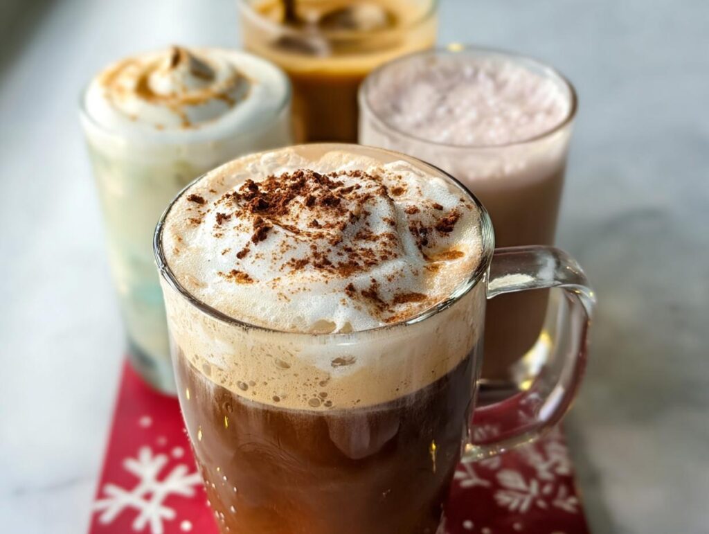 A close-up of a Starbucks drink with whipped cream and cocoa powder, with other Starbucks drinks recipes in the background.