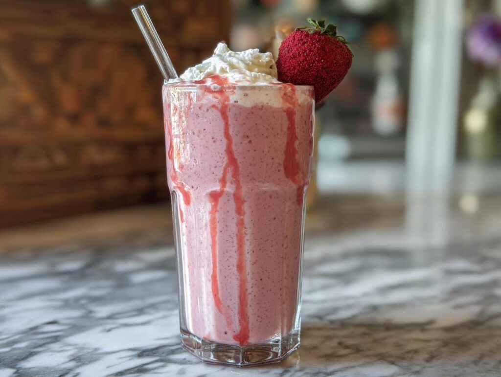 A refreshing homemade strawberry frappuccino, topped with whipped cream and a fresh strawberry, perfect for when you crave Starbucks drinks recipes.
