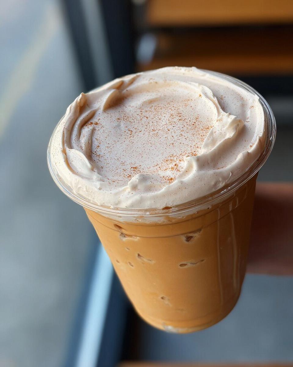 Close-up of an iced pumpkin spice latte with whipped cream and cinnamon, a Starbucks drink recipe.