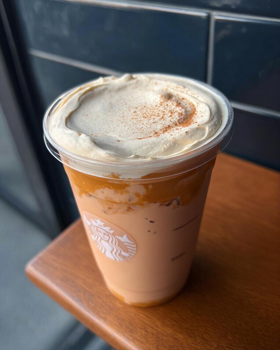 Close-up of an iced pumpkin spice latte with whipped cream and cinnamon, a Starbucks drink recipe.