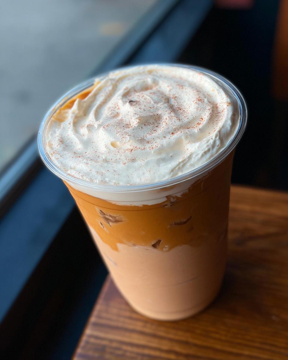 A tall iced pumpkin spice latte with whipped cream and cinnamon, perfect for Starbucks drinks recipes at home.
