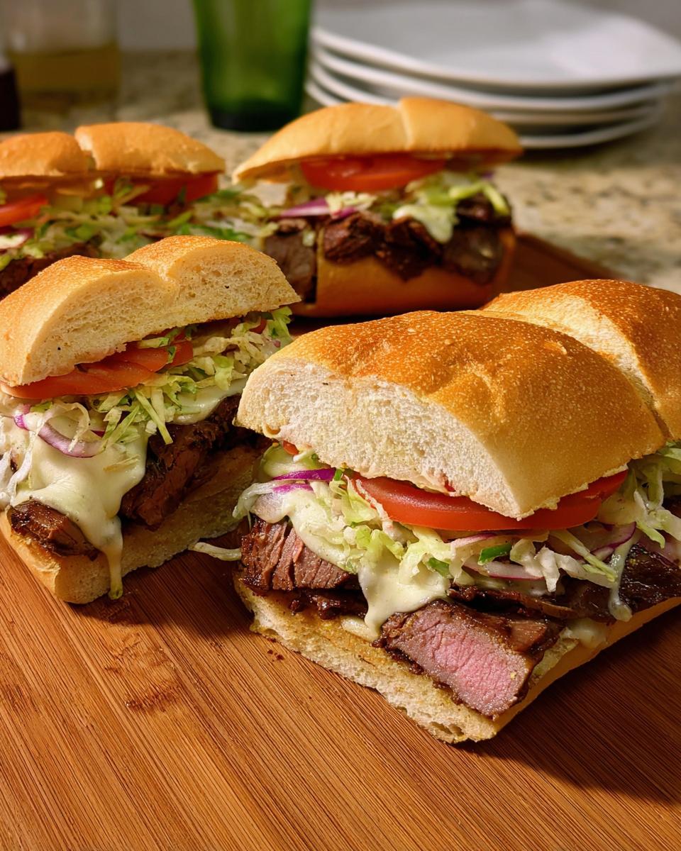 Close-up of a delicious steak sandwich with melted cheese, lettuce, tomato, and onion, part of 7-Ingredient Sandwich Ideas Recipes.