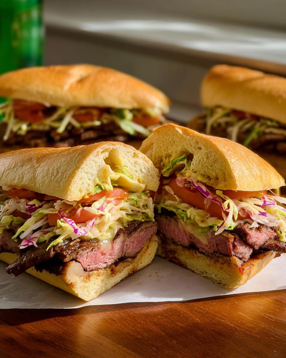 A mouthwatering steak sandwich, one halved, filled with tender steak, cheese, tomato, and coleslaw. Part of 7-Ingredient Sandwich Ideas Recipes.