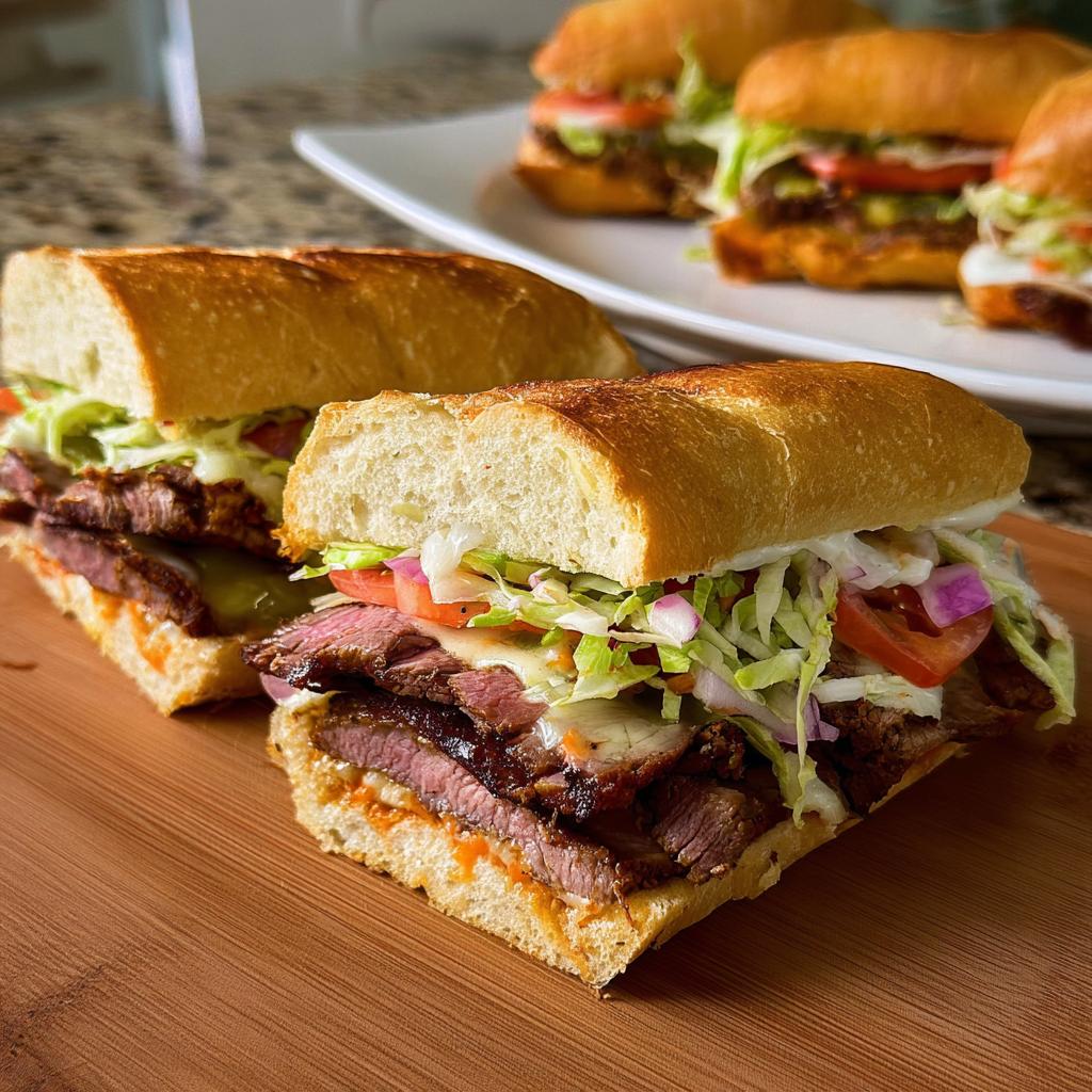 A mouthwatering steak sandwich with fresh lettuce, tomato, onion, and cheese, part of our 7-Ingredient Sandwich Ideas Recipes.