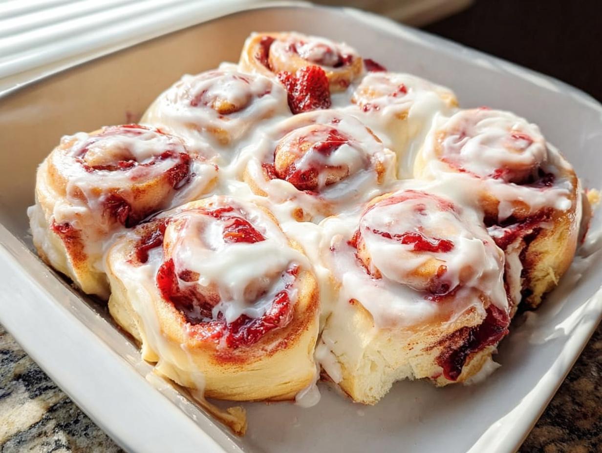 Close-up of freshly baked strawberry breakfast rolls drizzled with white icing in a white baking dish.