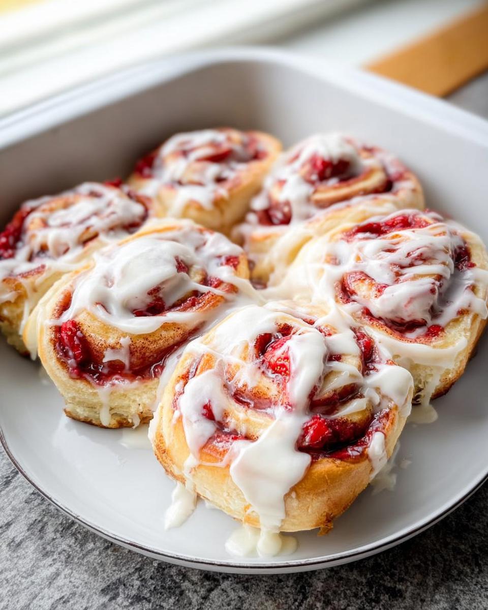 Close-up of freshly baked strawberry cinnamon rolls drizzled with icing, perfect for breakfast ideas recipes.